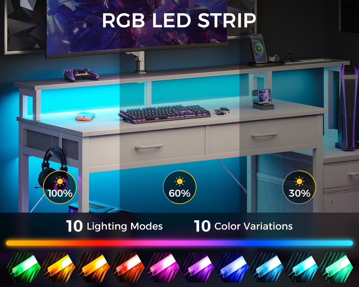 AODK 48-Inch Computer Desk with Fabric File Cabinet and Fabric Drawers, Reversible Office Desk with LED Strip and Power Strip, Gaming Desk with Monitor Riser, Writing/Study Table for Home, White AODK