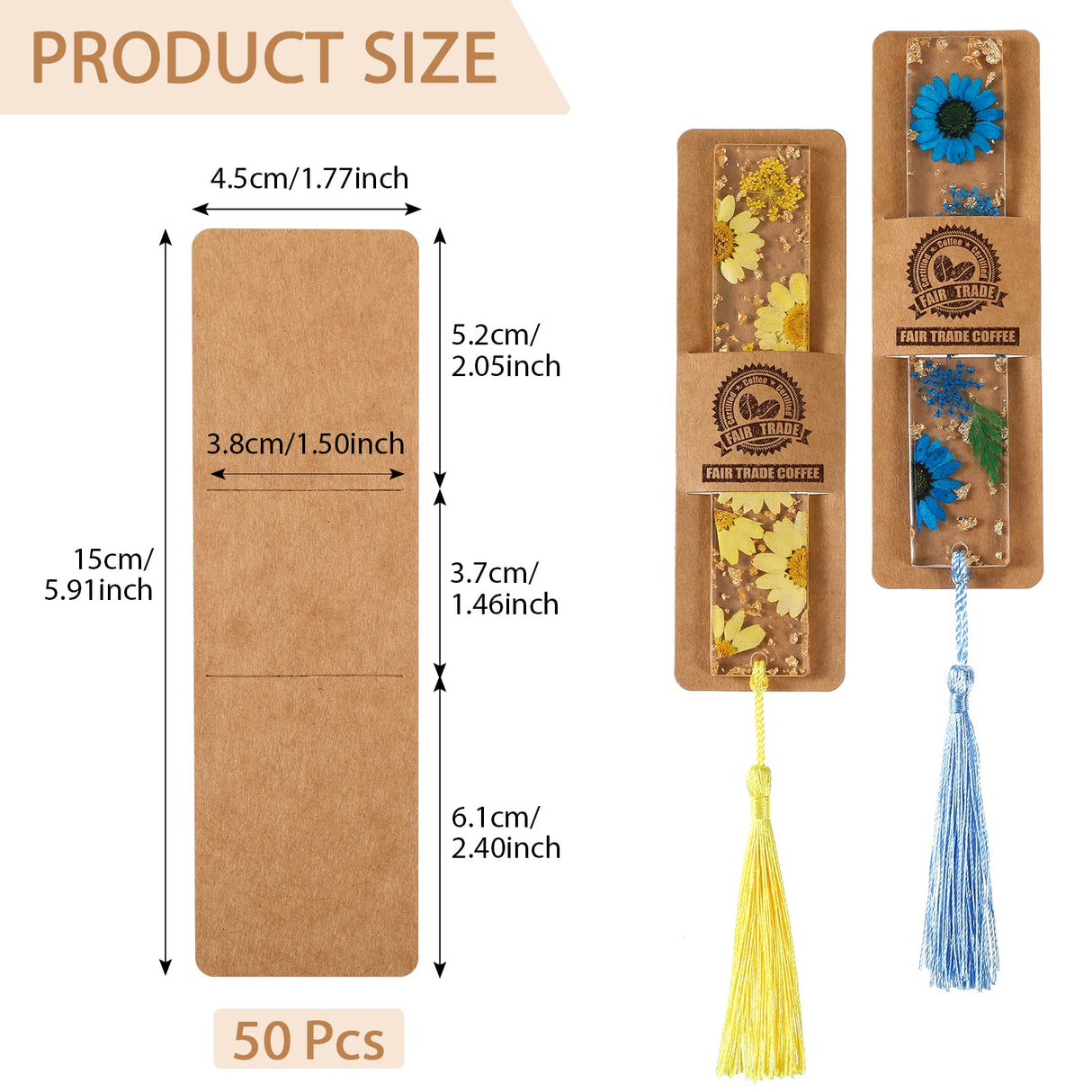 Fumete 50 Pieces Resin Bookmark Holder 5.9 x 1.8 Inches Kraft Sleeves DIY Bookmarks Display Cards for Wrapping Small Business Packaging Supplies Party Favor Gift (Brown, Cute) Fumete