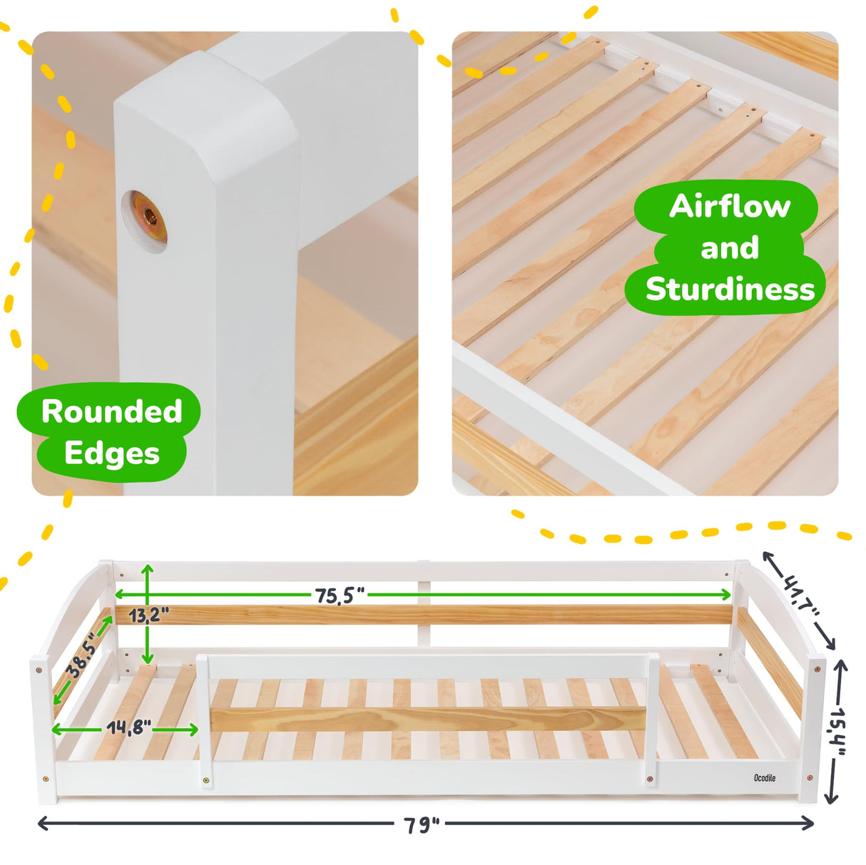 Twin Floor Bed with Safety Guardrails for Kids, Montessori Inspired with Rails and 2 Openings, Twin Size Bed Frame for Girls and Boys - White Ocodile