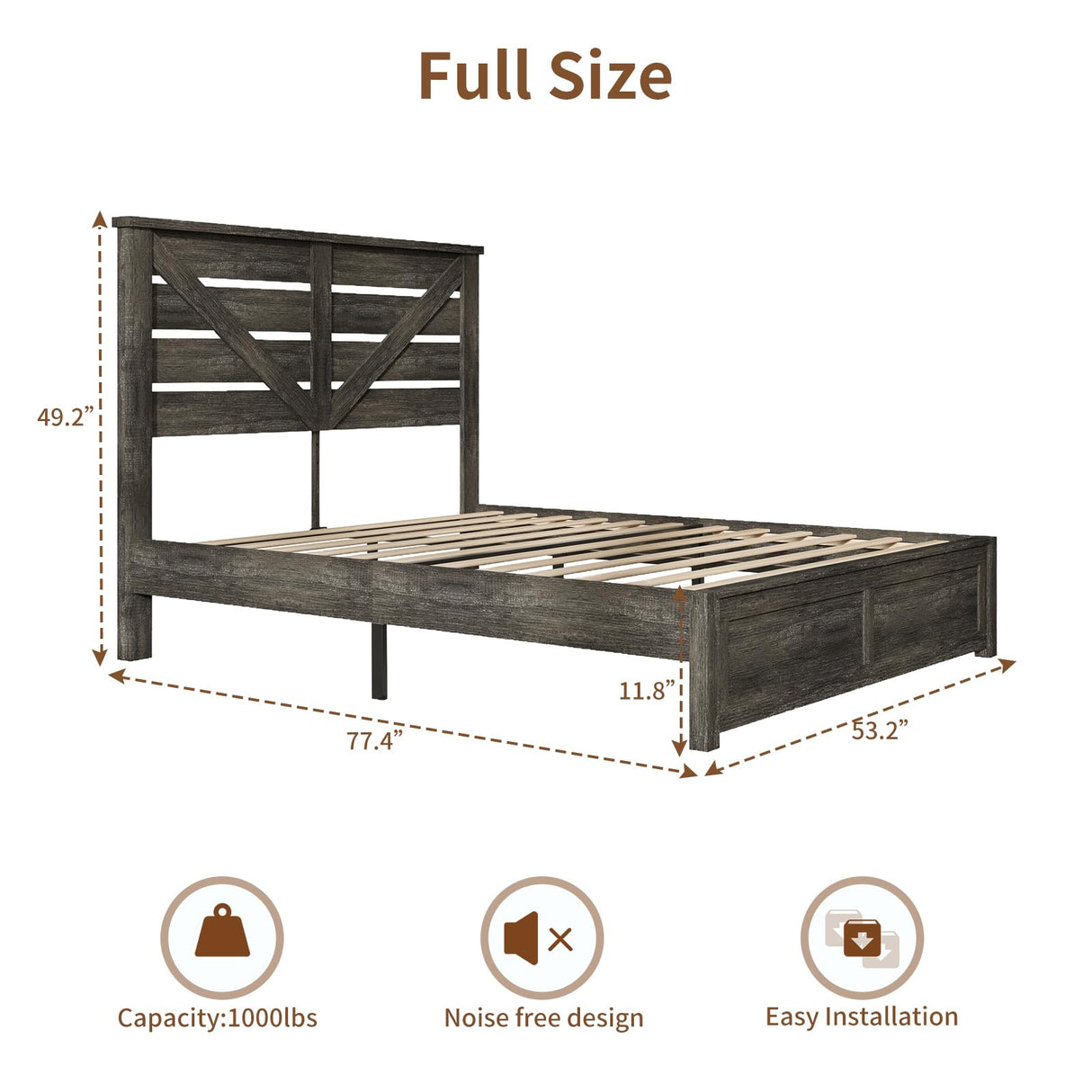 LUXOAK Full Size Farmhouse Wooden Bed Frame, Platform Bed Frame with 49.2" Headboard/No Box Spring Needed/Noisy Free/Easy Assembly/Grey LUXOAK