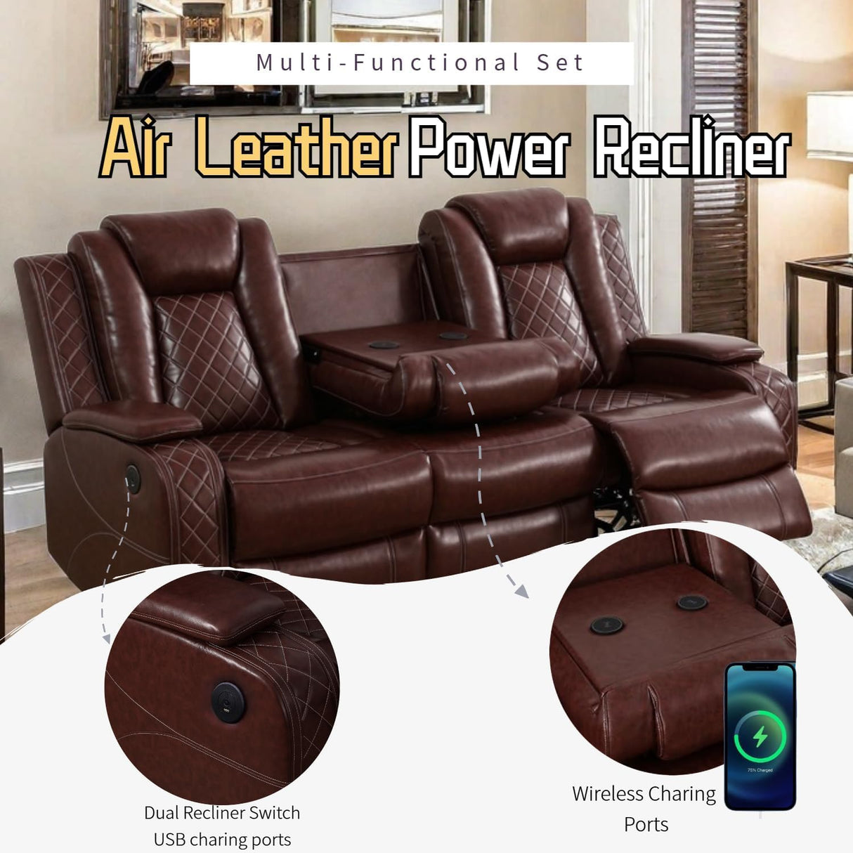 AYCP Furniture Power Recliner Set with LED Lights, Air Leather Reclining Set with USB Port/Wireless Charger/Storage Console/Cup Holder for House/HomeTheater/Apt (Burgundy, Sofa+2Chairs) AYCP Furniture
