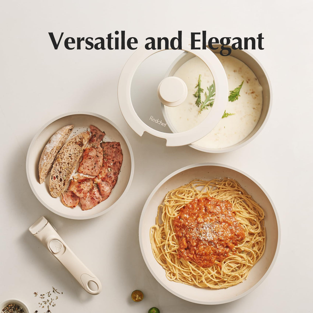 Redchef Ceramic Pots and Pans Set Non Stick, Nonstick Kitchen Cookware Sets, Non Toxic Pots and Pans Set Non Stick, PFAS PFOA & PTFE Free, Detachable Handle Pots and Pans 5 Piece, RV Cookware Redchef