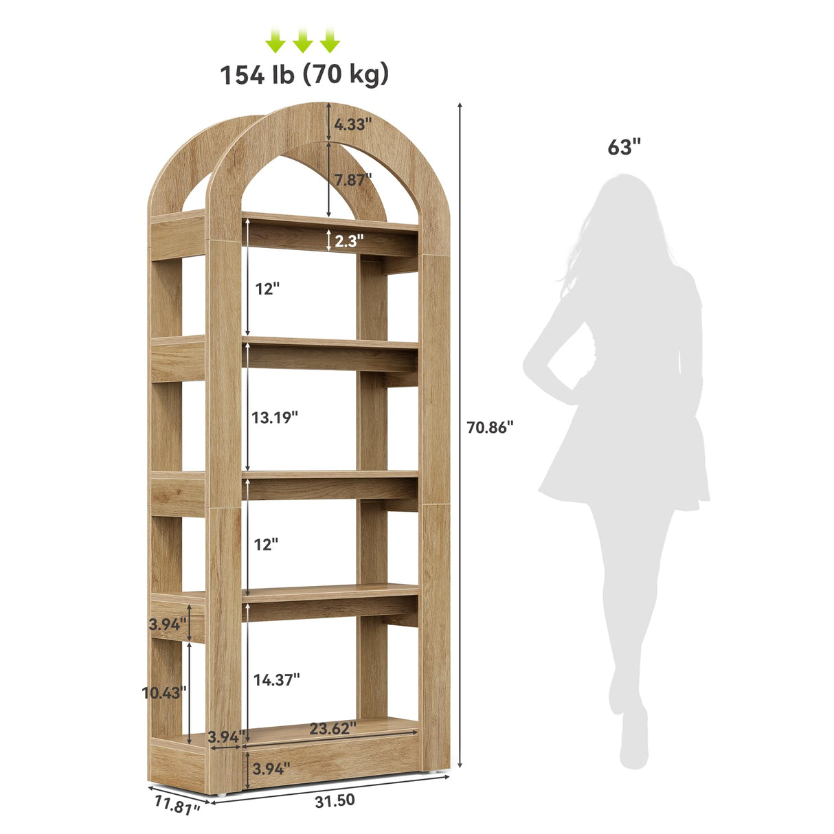 LITTLE TREE 5-Tier Bookshelf, Arch-Shaped Racks, Tall Standing Wooden Bookcase Display Shelf Modern Storage Solution (1, Teak Color) LITTLE TREE