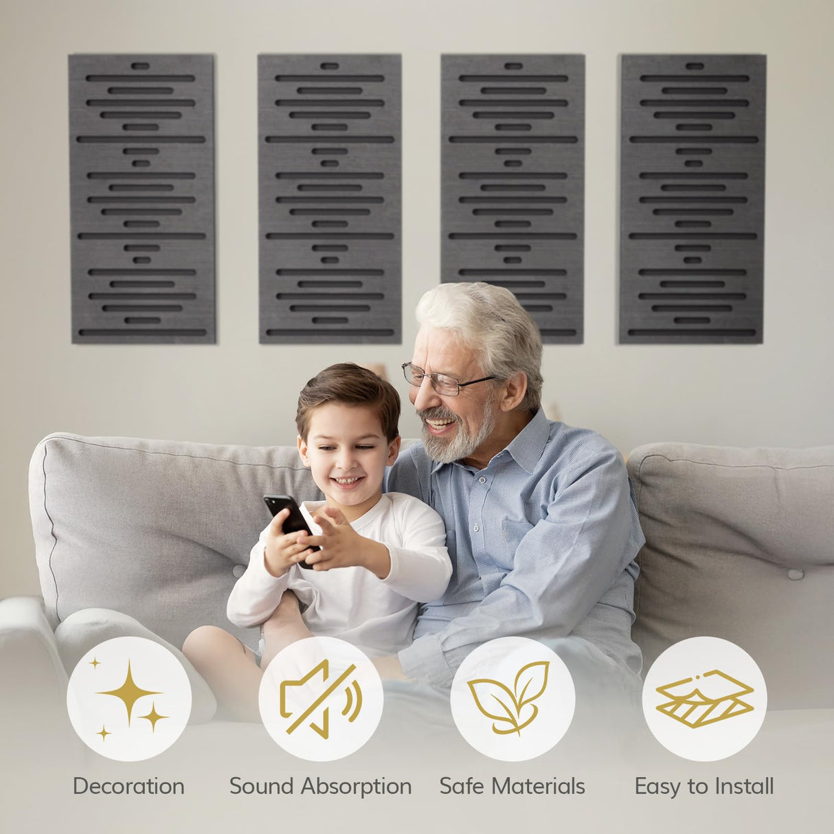 TONOR 4-Pack Acoustic Wood Wall Panels, 23.6” * 11.8” * 1.9” 3D Self-adhesive Wall Panel, Three-layer Soundproof Tiles for Echo Absorbtion, Acoustical Barrier of Polyester Fiber, wood, Black Wood TONOR