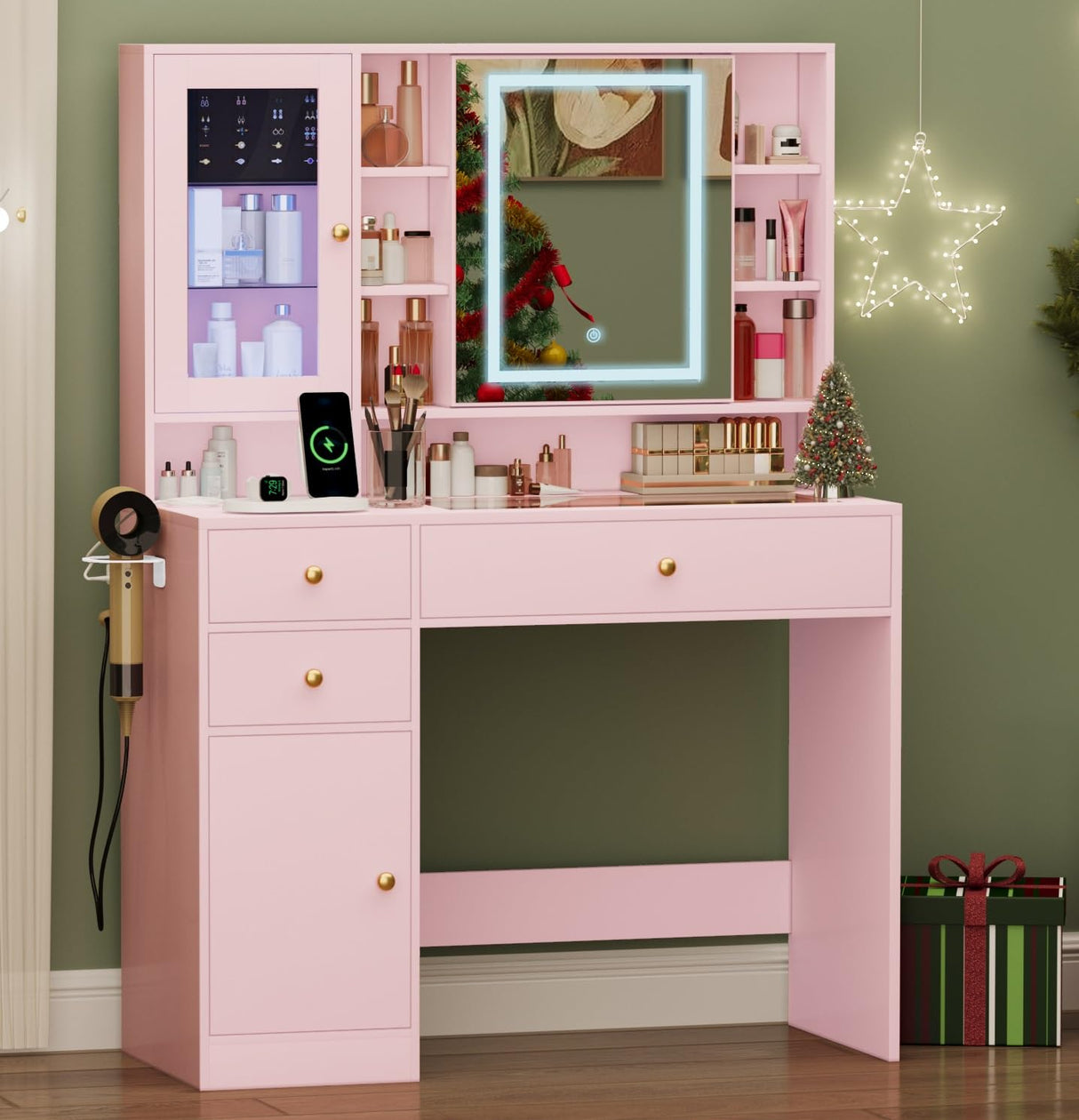 HUANLEGO Vanity Desk with Mirror and Lights, Glass Top Vanity with Lights and RGB Cabinet & Jewellery Organizers, Makeup Vanity Desk with Lights, Power Outlet, Dressing Table for Bedroom, Pink HUANLEGO