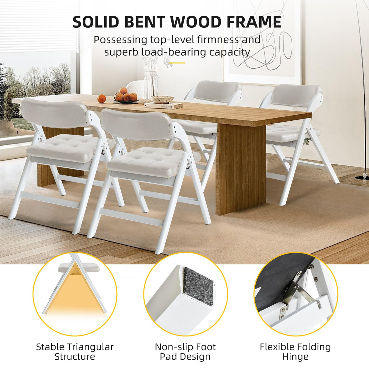 Asnefeli Wood Folding Chairs with Padded Seats, Wooden Folding Chairs Set of 2, Foldable Dining Chair with Cushion, Stackable Extra Chair for Indoor Outside Events, Party, Wedding (White Gray) Asnefeli