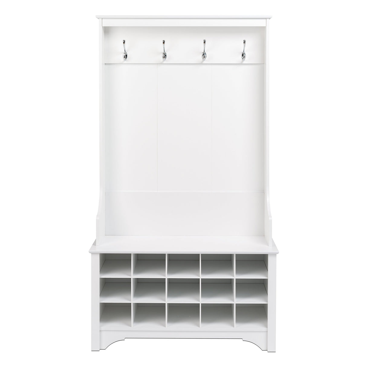 Prepac Entryway Organizer with 4 Coat Hooks, Coat Rack Hall Tree with Bench and Coat Storage, Furniture for Entryway with 15 Cubbies for Shoe Storage, 38” W x 68” H x 15.5” D, White Prepac