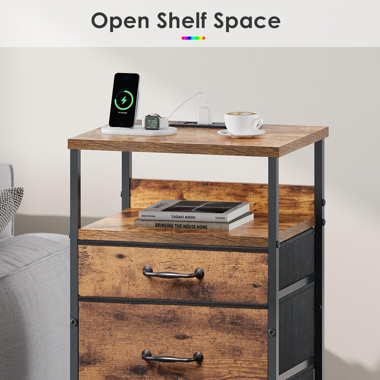 YeTom Nightstand with Charging Station, LED Night Stand with Drawers (Fabric), Bedside Table with Open Shelf, End Table with Steel Frame, 3 Drawer Dresser for Bedroom, Small Space, Rustic Brown YeTom