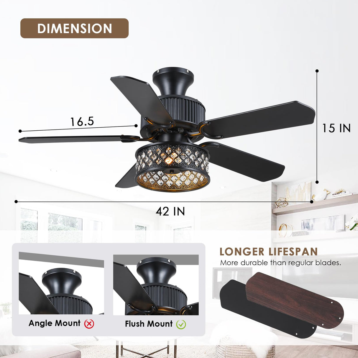 Danilong 42" Ceiling Fans with Lights and Remote, Retro Low Profile Flush Mount Ceiling Fans with Crystal Cage, 6 Speeds Reversible Dual Finish Wooden Blades Fandelier for Kitchen Bedroom Dining Room Dannilong