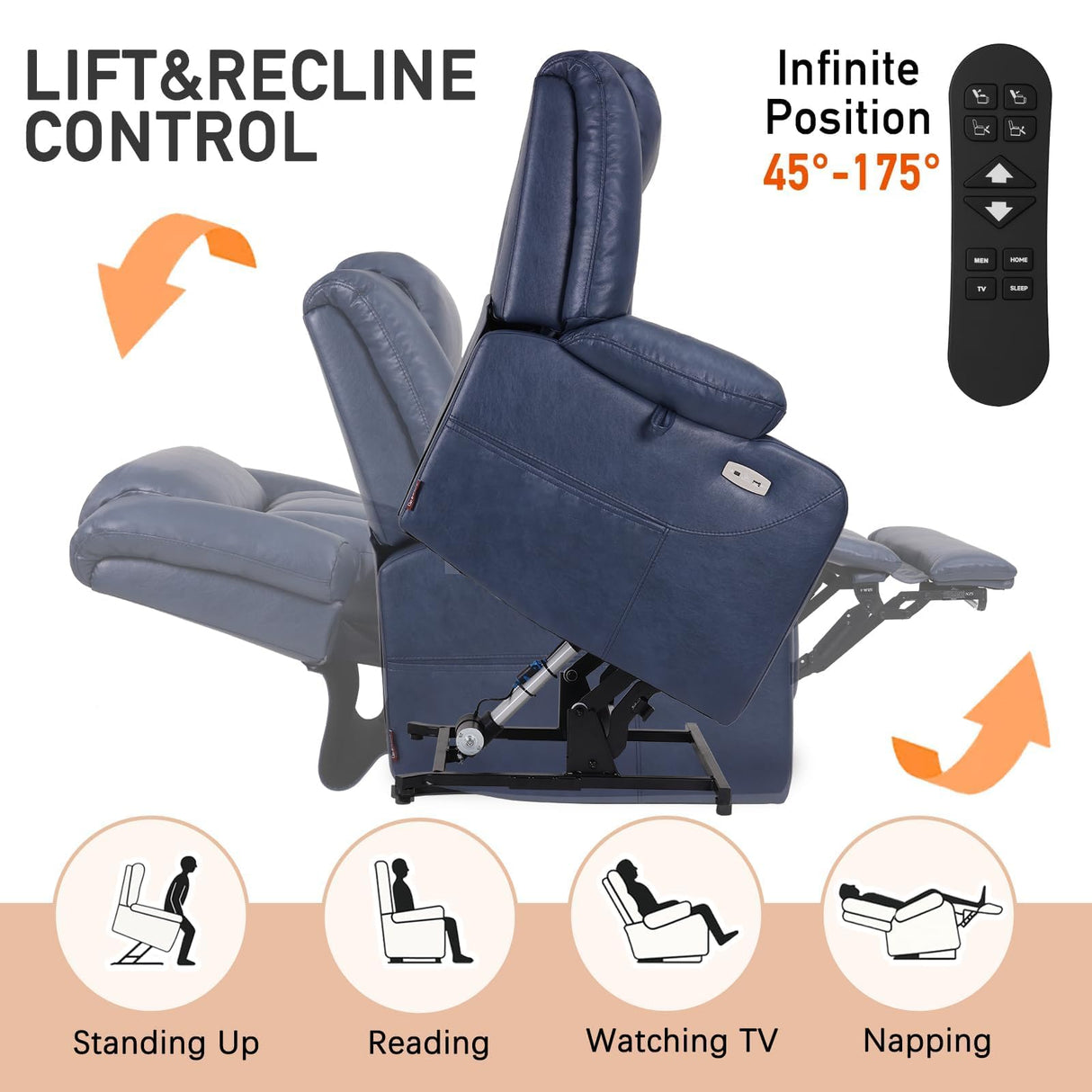 EONIX Dual Motor Oversized Power Lift Recliner Chair for Elderly, 400lbs Heavy Duty Faux Leather Recliner with Massage and Heat, Big and Tall Lay Flat Lift Chair with Cup Holders, SLRY006, Navy Blue EONIX