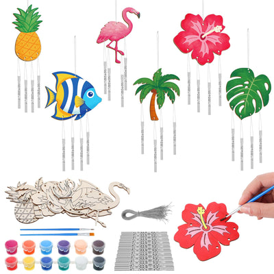Silipull 24 Sets Summer Wind Chimes Craft for Kids Make Your Own Hawaiian Wind Chimes DIY Tropical Wooden Hanging Ornament for Kids Summer Hawaiian Party Outdoor Decoration
