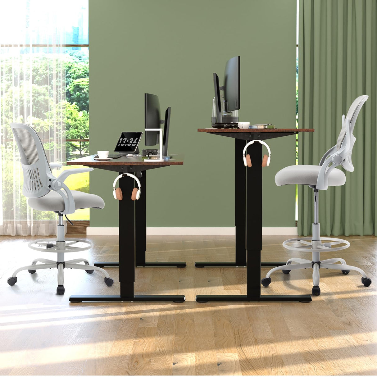 SMUG Drafting Chair, Tall Office Chair Tall Standing Desk Chair Counter Height Adjustable Office Chair with Flip-up Arms, Mid Back Mesh Office Drafting Chair, Grey SMUG