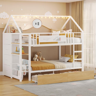 DICTAC Bunk Bed Twin Over Twin with Storage Drawers and Globe String Lights House Shaped Low Bunk Bed with Montessori Bookshelves Metal bunk Beds for Kids with Ladder and Guardrail,Space Saving,White