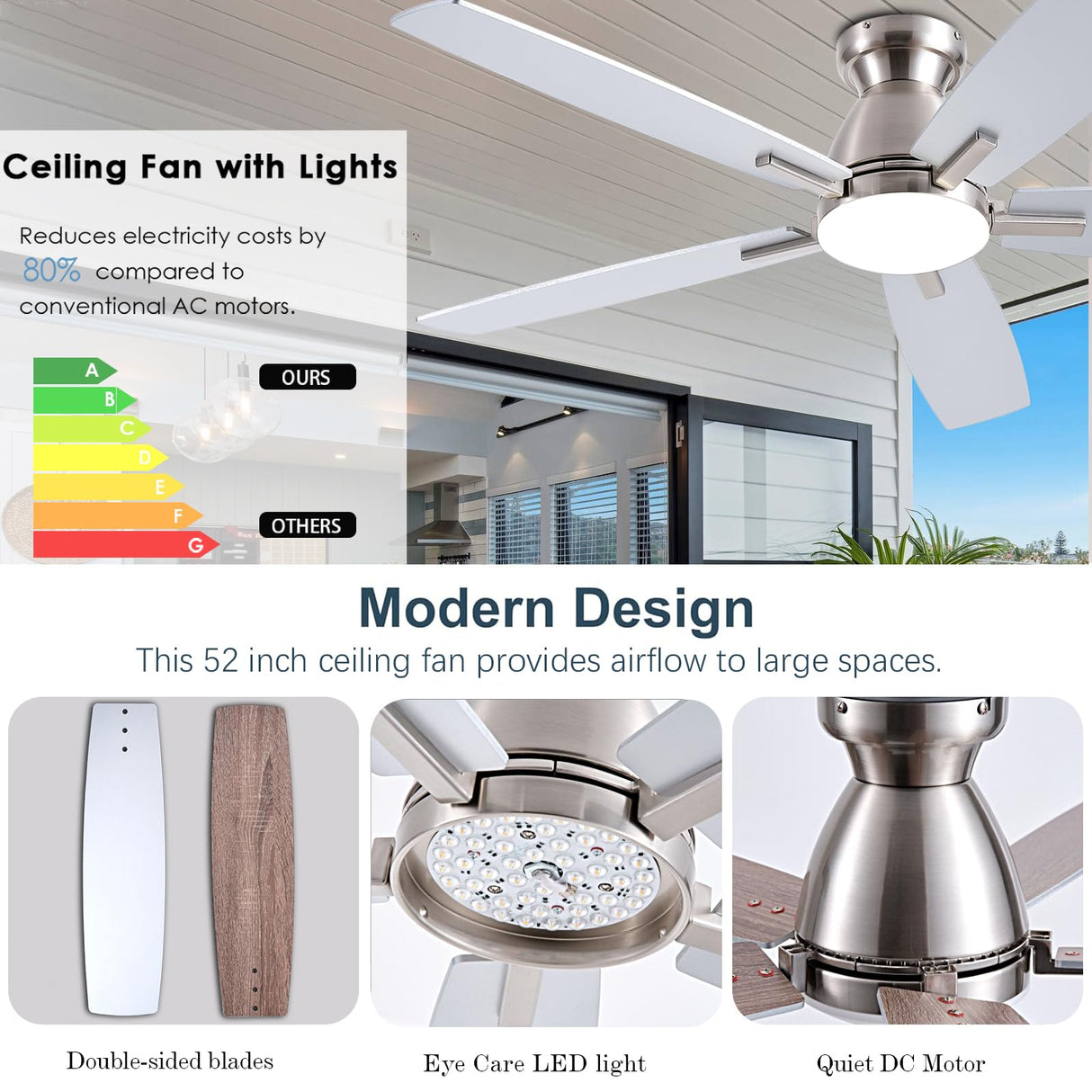 NKPU Ceiling Fans with Lights, 52 Inch Low Profile Ceiling Fan with Light and Remote Control, Flush Mount, DC Reversible Motor, Dimmable LED Ceiling Fans for Bedroom,Indoor/Outdoor Patio Use(Nickel) NKPU