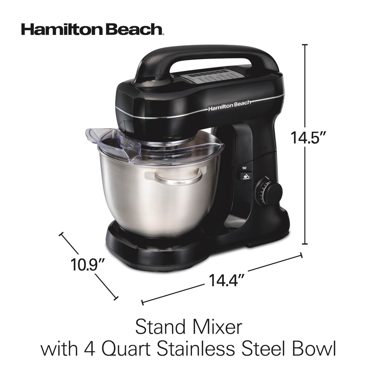 Hamilton Beach Electric Stand Mixer, 4 Quarts, Dough Hook, Flat Beater Attachments, Splash Guard 7 Speeds with Whisk, Black with Top Handle Hamilton Beach