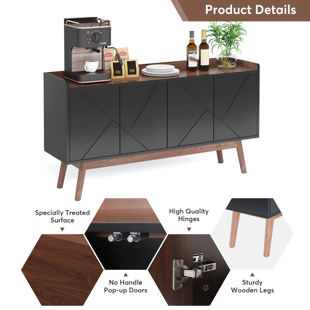 Tribesigns Sideboard Buffet Cabinet with Storage 55" Kitchen Sideboard Cabinet, Wood Coffee Bar Cabinet with Doors, Accent Sideboard Cabinet, Console Table Cabinet for Dining Room Living Room, Black Tribesigns