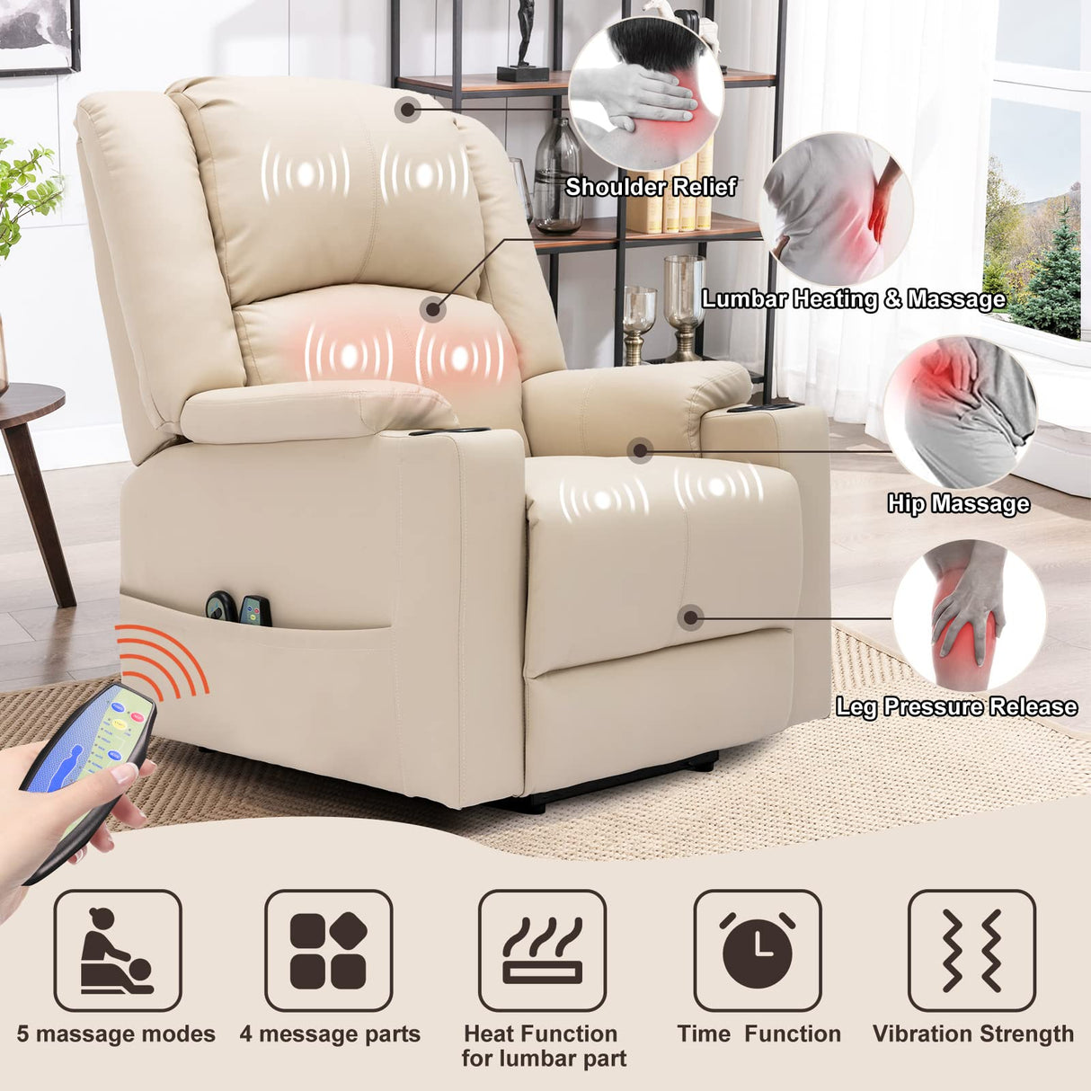 COMHOMA Power Lift Recliner for Elderly,Lift Chair with Heat and Massage,PU Recliner Sofa with Timing Function 2 Side Pockets,Cup Holders and Infinite Position for Living Room (White) COMHOMA