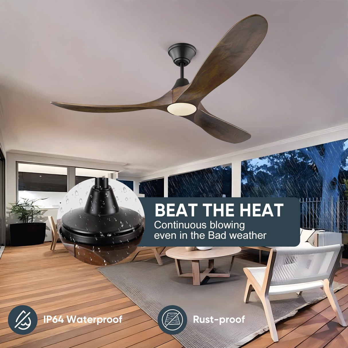 70 inch Large Ceiling Fans with Lights, Outdoor Ceiling Fans for Patios Waterproof, 3 Blades Propeller Wood Ceiling Fans, Smart Ceiling fan with Remote & APP for Indoor Exterior Porch Commercial XCWIIE