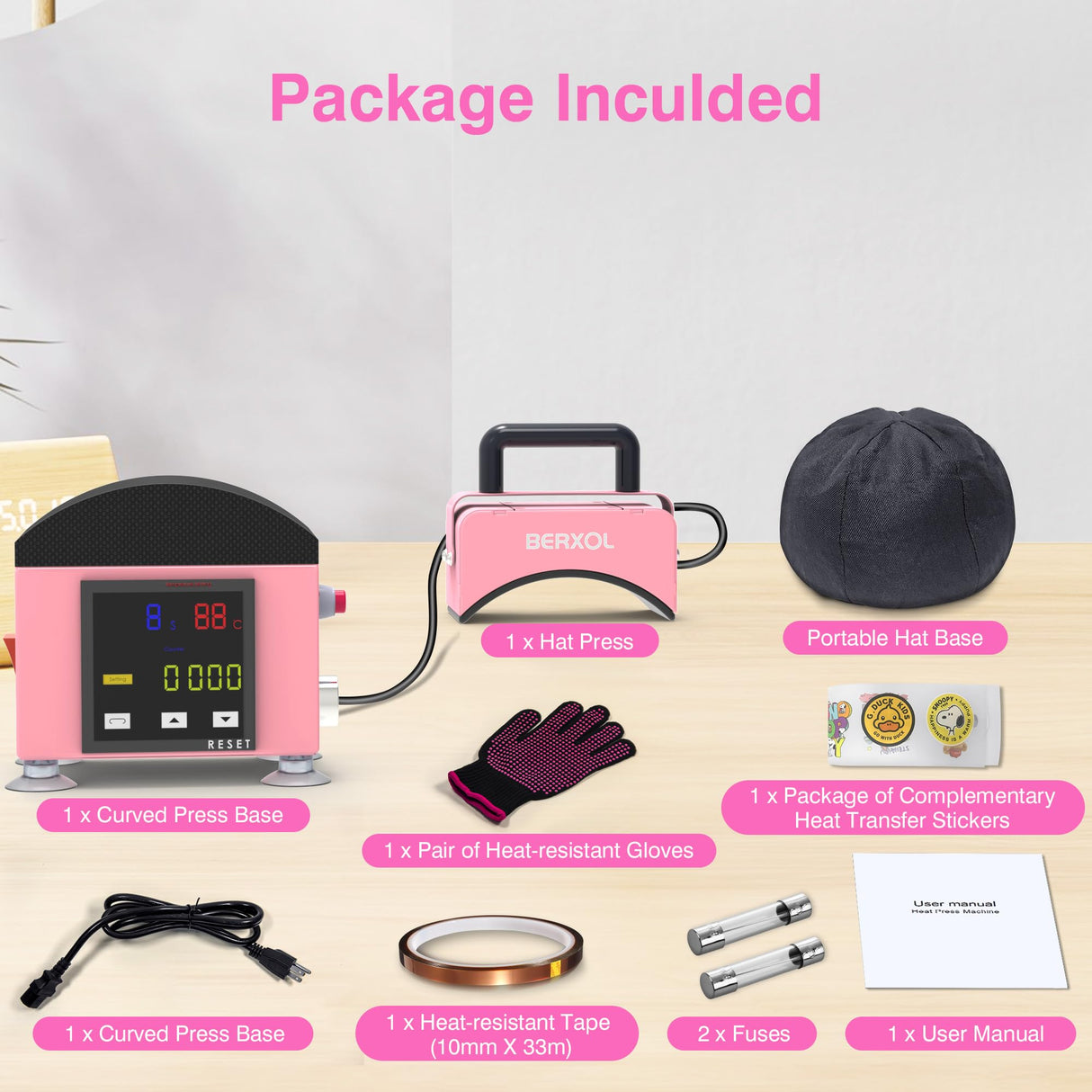 BERXOL Hat Press,Hat Press Heat Machine for Caps, Curved Heat Plate,Precise Temperature & Timer Control for Easy Operation, Mini Hat Heat Press for Hats, Bags and Socks (Coral Pink) BERXOL