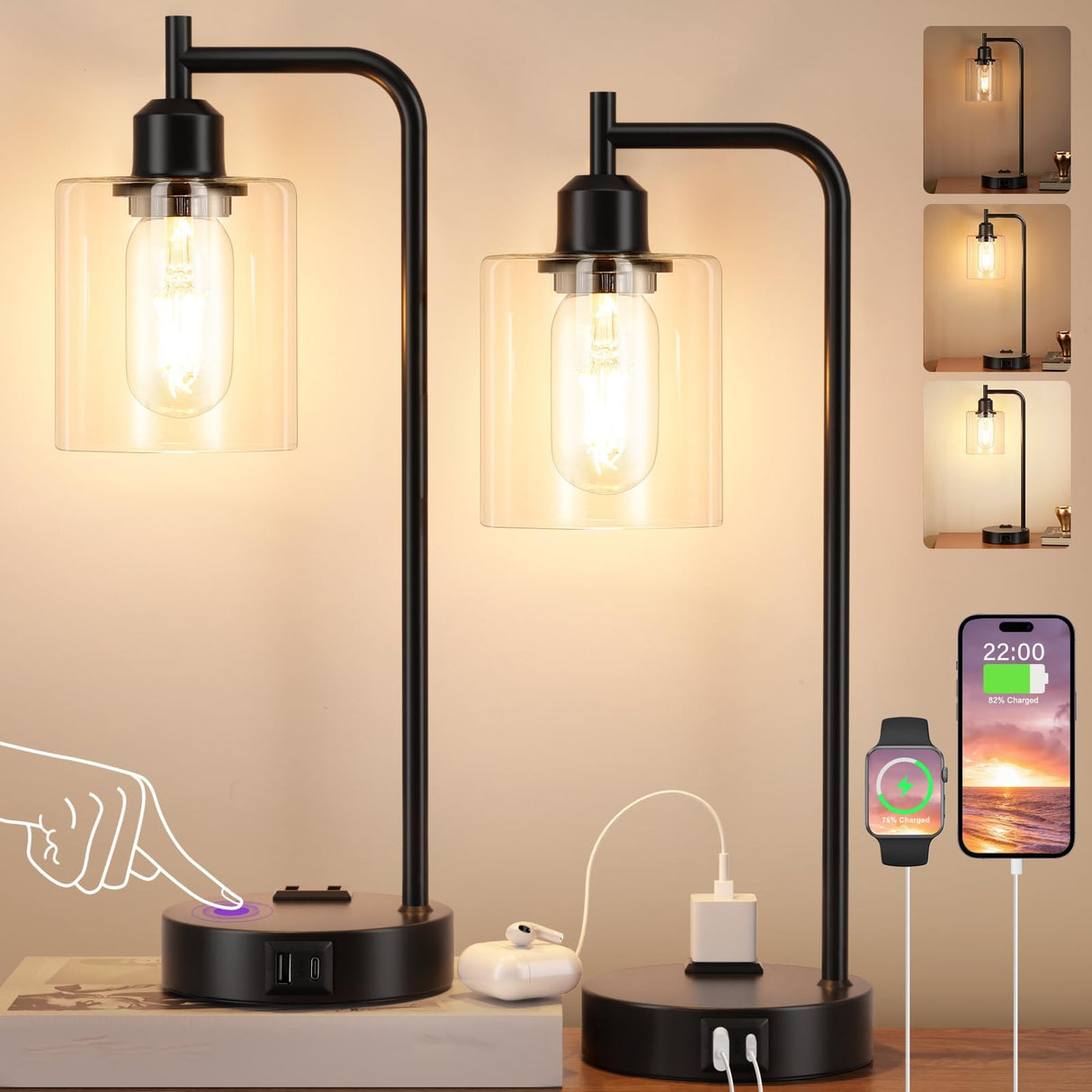 Industrial Touch Table Lamps for Bedrooms Set of 2 - 3-Way Dimmable Nightstand Lamps with USB C+A Ports and Outlet, Black Bedside Lamps with Glass Shade for Living Room, Desk Lamps for Home Office Innqoo