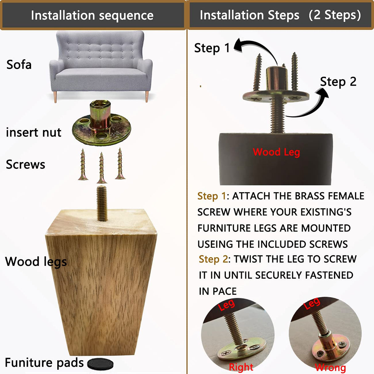 Furniture Legs Sofa Couch Leg Replacement Parts Table Feet Solid Wood Replace Legs 4 inch DIY for Desk Cabinet Bench Dresser Loveseat Chair Ottoman Bookcase Trapezoid Set of 4 (4 inch, Log stain) ANJUREN