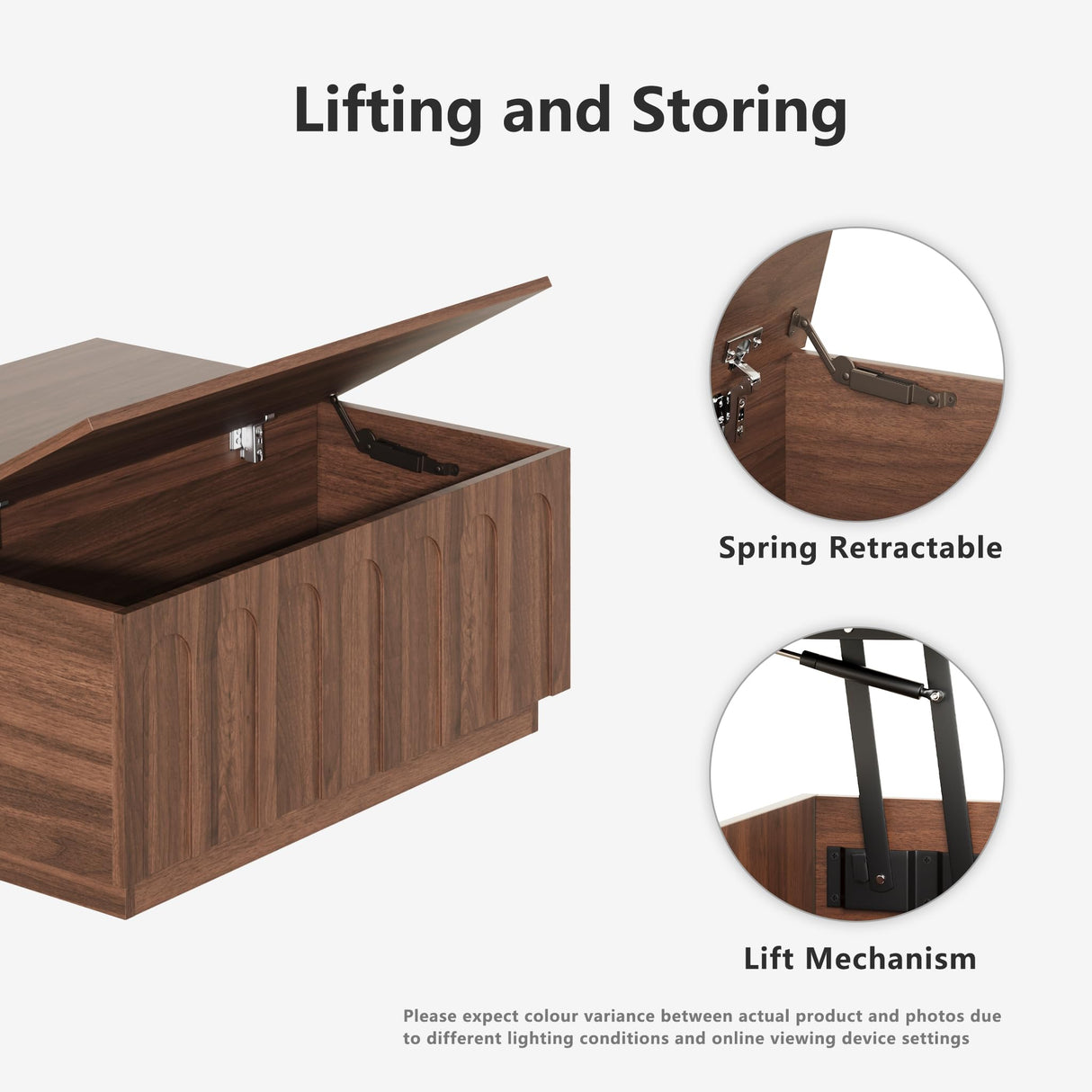 FORTUNETEC Lift Top Coffee Table with Storage, Mid Century Modern Coffee Table with Arched Design, 31.5" Square Tea Table with Wood Grain, Multifunctional Center Table for Living Room, Office, Walnut FORTUNETEC