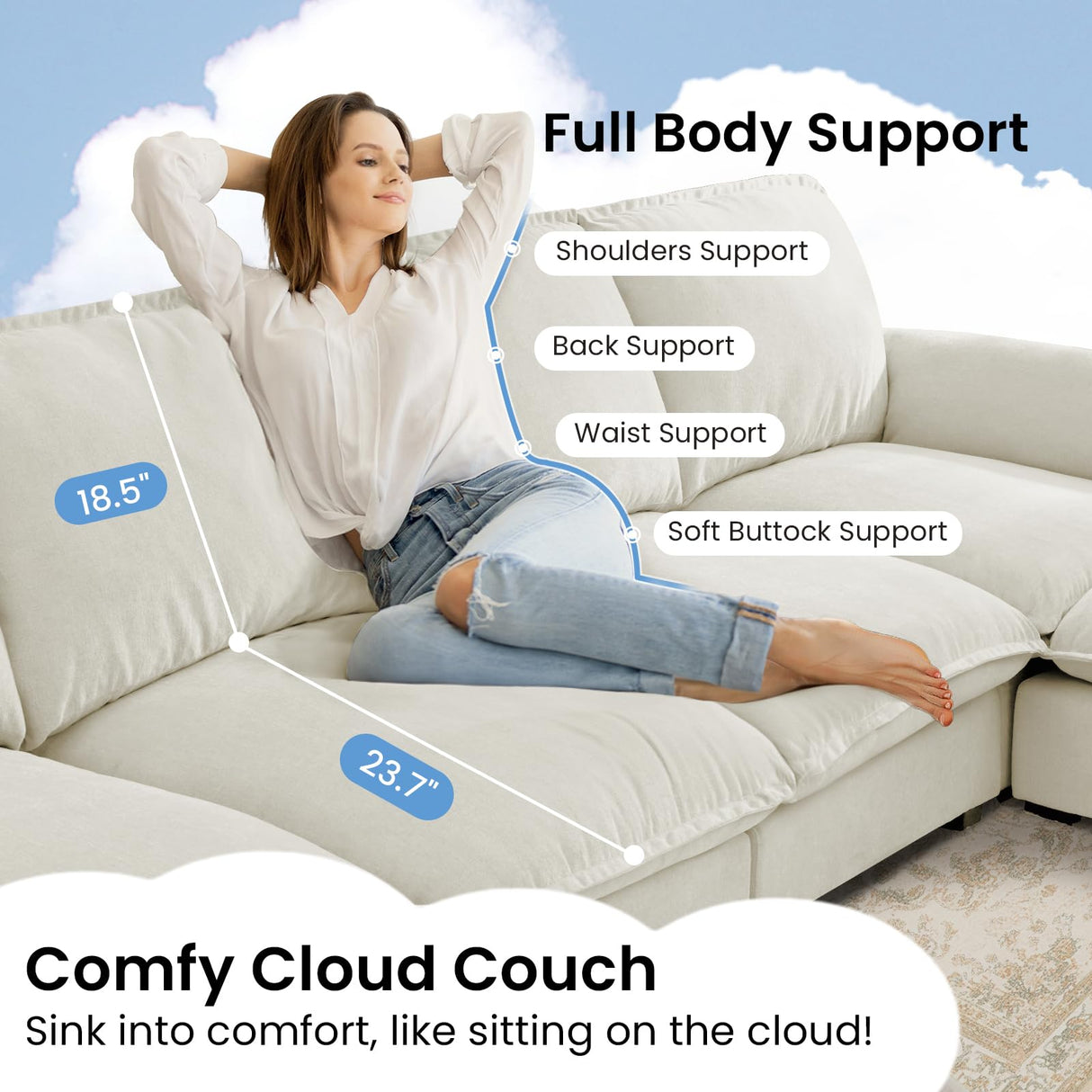 HALLYBEE 72" Cloud Couch Loveseat Sofa with Padded Armrests & Deep Seat Sofas for Living Room Apartment Office Chenille Fabric White HALLYBEE