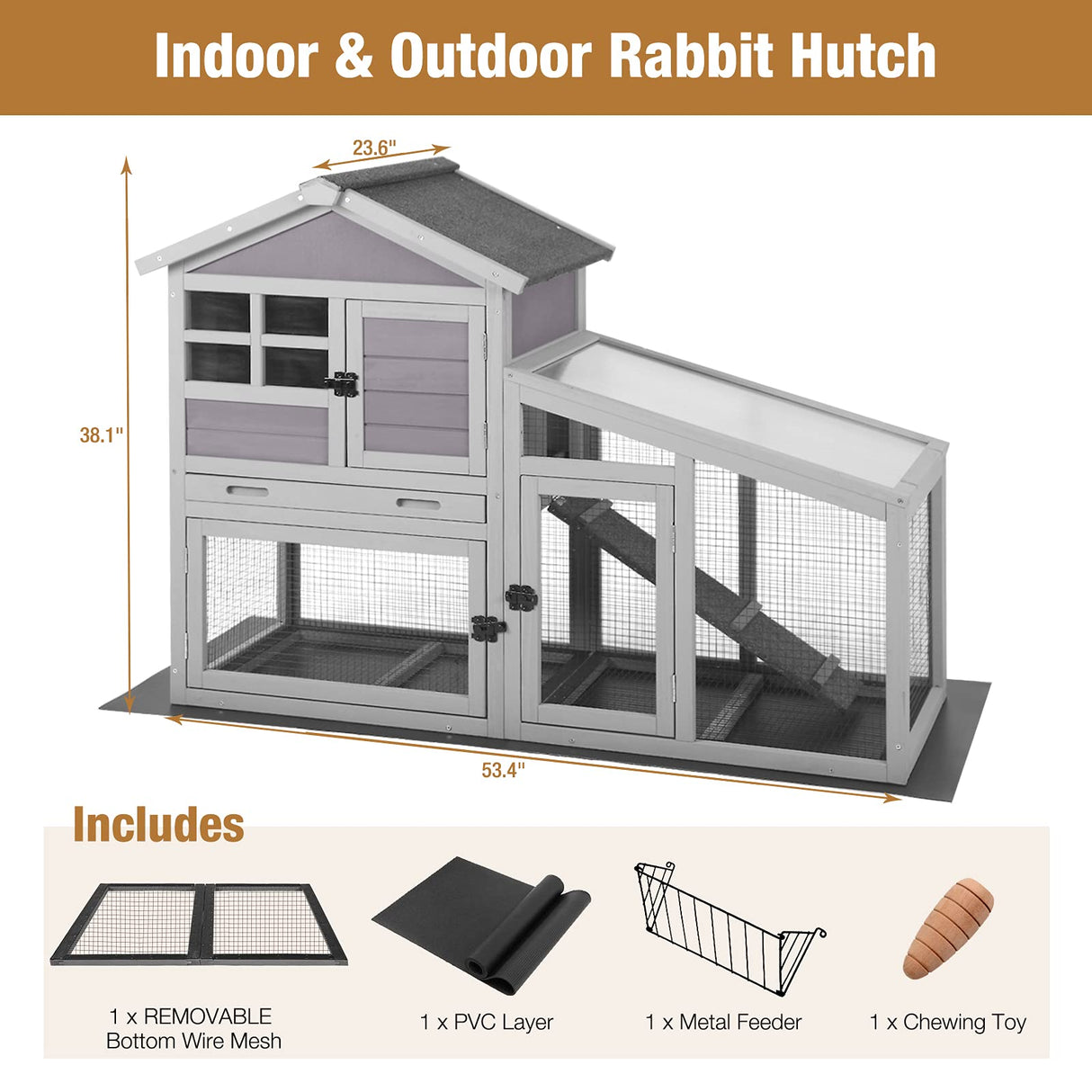 GUTINNEEN Rabbit Hutch for Outdoor Indoor Use, Bunny Cage with PVC Layer and Bottom Wire Netting, Wooden Chicken Coop Rabbit House with UV Roof, Leakproof Tray, Run GUTINNEEN