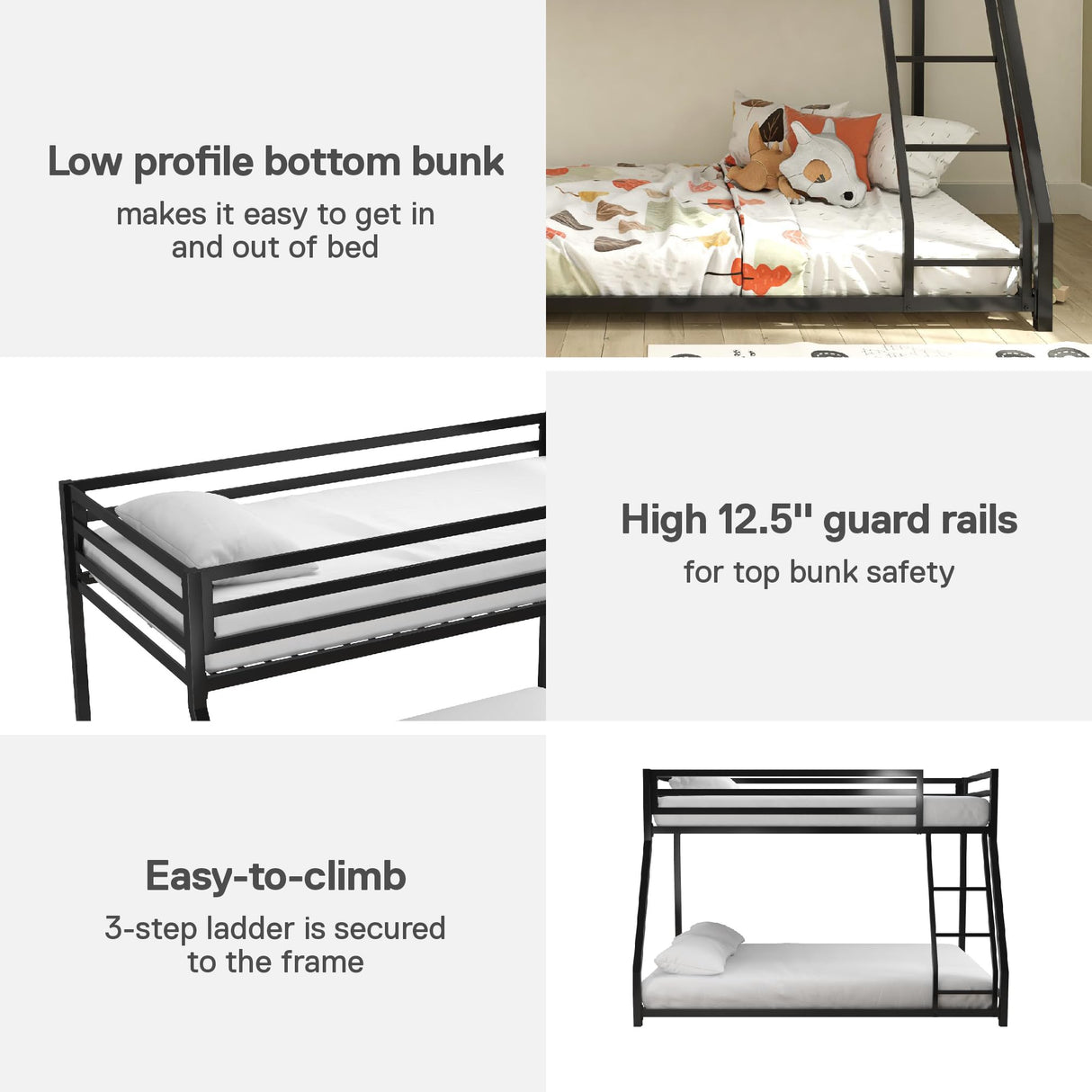 DHP Miles Low Metal Bunk Bed Frame for Kids, With Built-in Ladder, High Guardrail and Metal Slats, Floor Bed Bottom Bunk, No Boxspring Required, For Small Spaces, Twin-Over-Full, Black DHP
