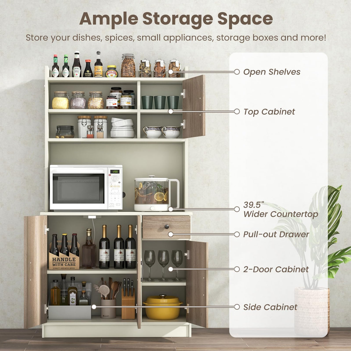 Giantex 71" Buffet Hutch Cabinet with Power Outlet, Kitchen Hutch Sideboard, Buffet Pantry on Island, Wood Kitchenware Server with Drawer, Shelf and Storage Cabinet (White & Walnut) Giantex