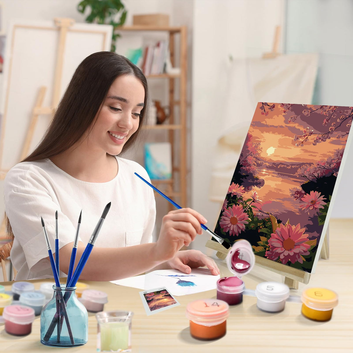 JOOZ Flowers Paint by Numbers Kit for Adults with Frame, Sunset Paint by Number with Easel, Adult Paint by Number Kits Framed Canvas, DIY Sunset Landscape Oil Painting Kit for Wall Decor 8 x 12 Inch JOOZ