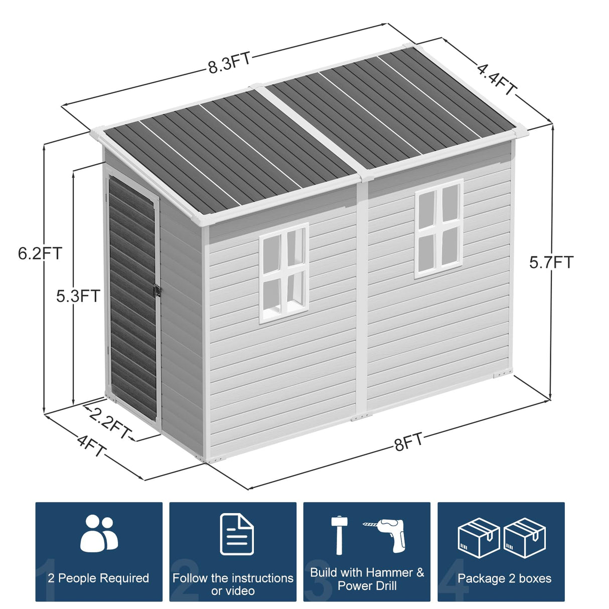 Outdoor Resin Storage Shed with Floor 8x4x6 FT Waterproof Lean to Sheds Kit Included 2 Windows Lockable Door, Plastic Tool Shed for Backyard Garden Patio Lawn WELYAS