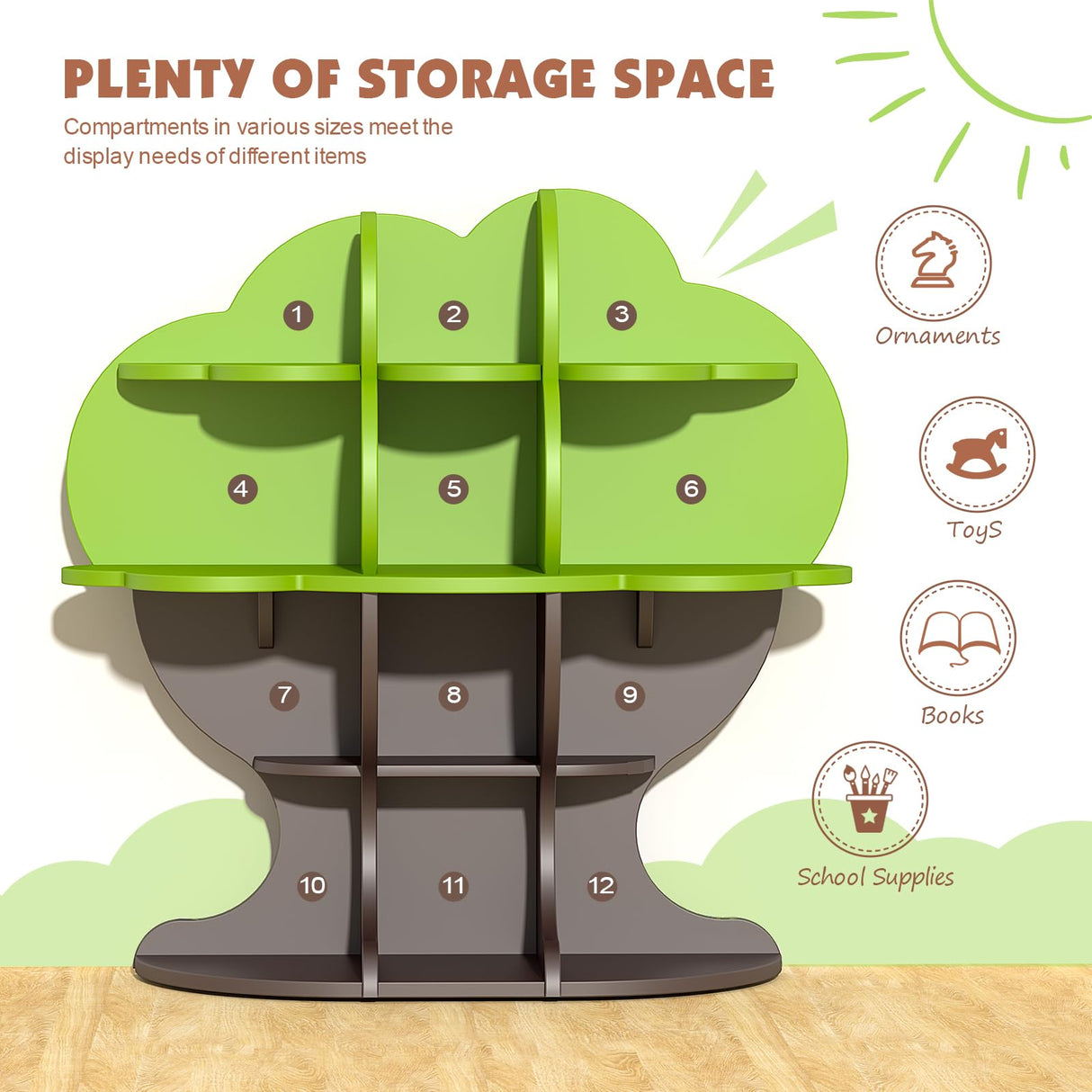 Tree Kids Bookshelf Toddler Bookcase 4-Tier Baby Book Rack Children Toy Storage Organizer Wood Display Shelf for Nursery Playroom Bedroom Classroom School Homeschooling Boy Girl’s Gift (green tree) HedoAjim