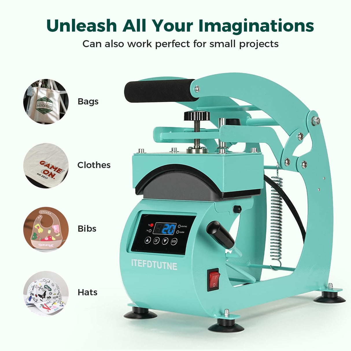 ITEFDTUTNE Hat Heat Press Machine for Caps Inclusive 2pcs Interchangeable Platens (6.7"x3.8", 6.7"x2.5"), Cap Heat Press for Hats Rigid Steel Frame No Stick Digital LCD Timer and Temperature Control ITEFDTUTNE