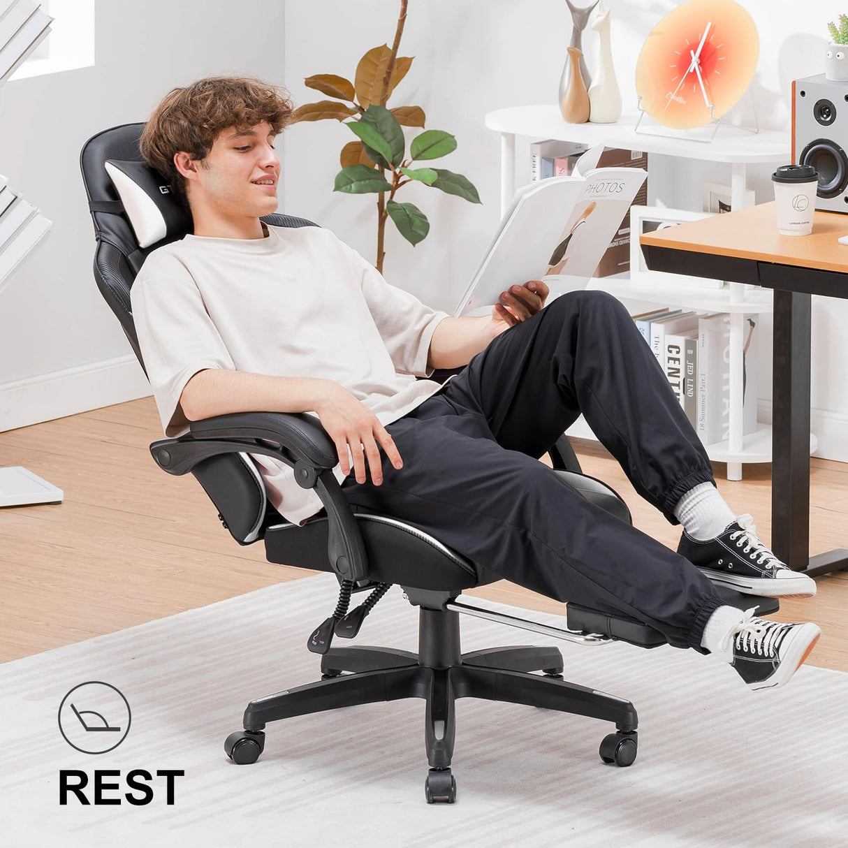 GTPLAYER Gaming Chair, High Back Leather Computer Gaming Chair with Footrest, Ergonomic Height Adjustable Office Chair with Removable Cover and Lumbar Support for Gaming and Work (White) GTPLAYER