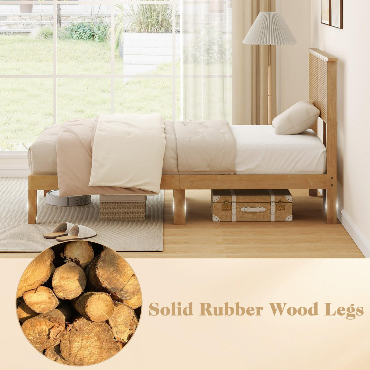 KOMFOTT Twin Size Wood Platform Bed Frame with Rattan Headboard, Boho Rubber Wood Bed Frame with Plywood Slats & Under-Bed Storage, Platform Bed Frame, Mattress Foundation, No Box Spring Needed KOMFOTT