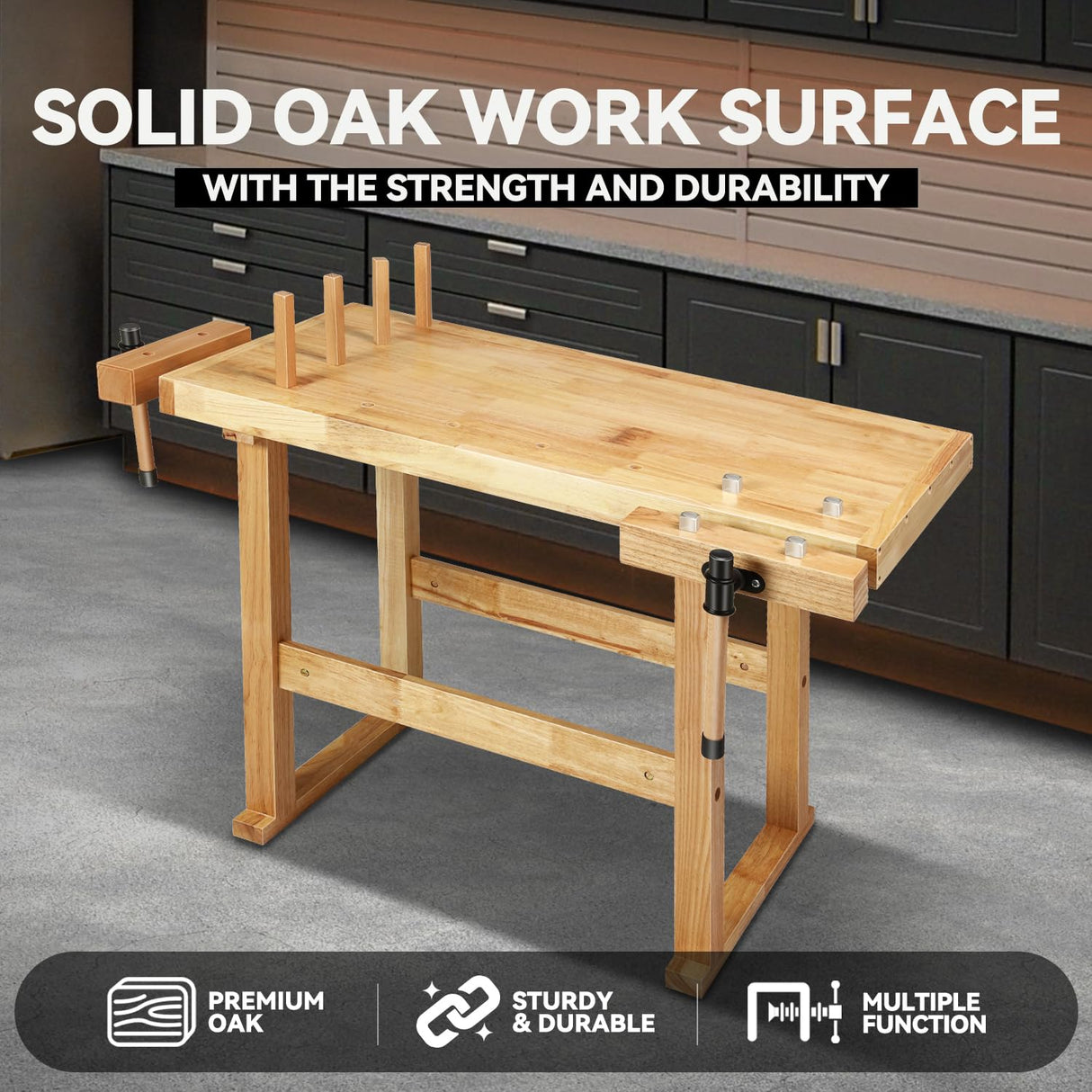 Auto Dynasty Workbench Rubber Wooden Work Bench with Open Space and Adjustable Rotating Handles Hardwood Workbench for Garage, Workshop, Home and Office, 44'' x 24.4'' x 29.5'' Auto Dynasty