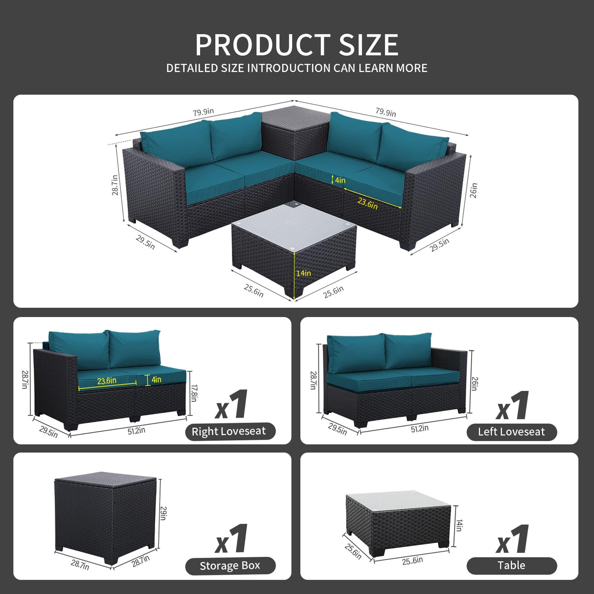 WAROOM Outdoor PE Wicker Patio Furniture Set 4 Piece Black Rattan Sectional Sofa Loveseat Couch Conversation Set with Storage Box Glass Top Table and Anti-Slip Peacock Blue Cushion WAROOM