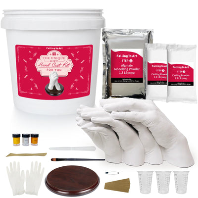 Falling in Art Hand Casting Kit Couples - Keepsake Plaster Hand Mold Kit for Family, Kids, Adults with Large Bucket, Gloves, Powder Materials, Color Paints, Wooden Base