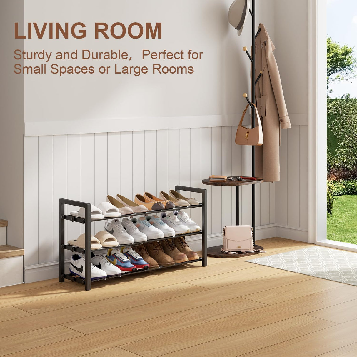 HDDTTZ 3-Tier Expandable Shoe Rack, Adjustable Shoe Shelf Storage Organizer Heavy Duty Metal Free Standing Shoe Rack for Entryway Closet Doorway (Black) HDDTTZ