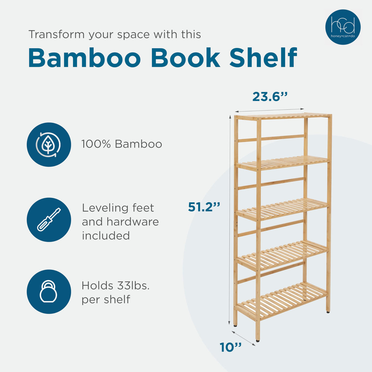 Honey-Can-Do 5-Tier Bamboo Shelf Adjustable, Bamboo Bookshelf, Natural Honey-Can-Do