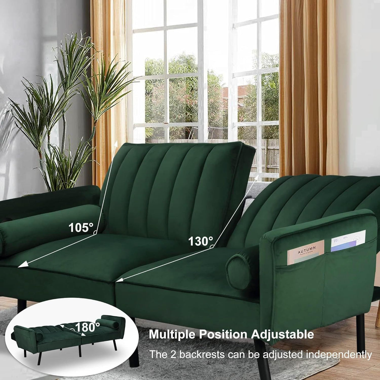 DURASPACE Velvet Loveseat, Sleeper Sofa Convertible Futon Couch with USB, 74" Loveseat Coach for Dorm, Apartment, Bonus Room,Compact Living Space (Green) DURASPACE