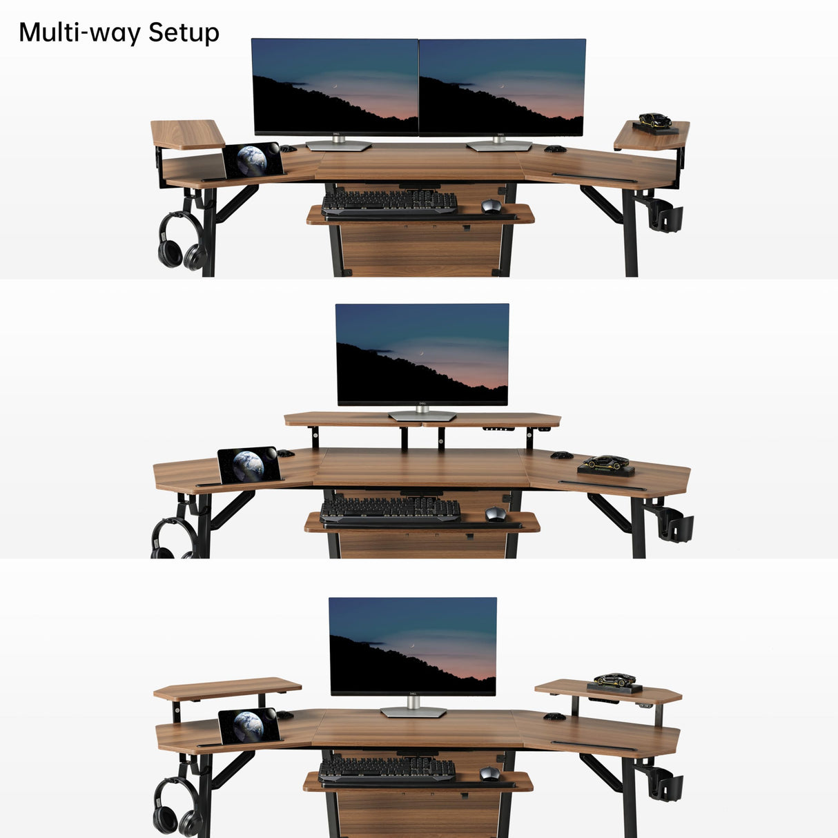 EUREKA ERGONOMIC 72" Computer Desk W Keyboard Tray, Wing-Shaped Music Studio Desk, Large Gaming Desk W LED Convertible Monitor Stand Dual Headphone Hanger for Recording Live Streamer, Walnut Wood EUREKA ERGONOMIC