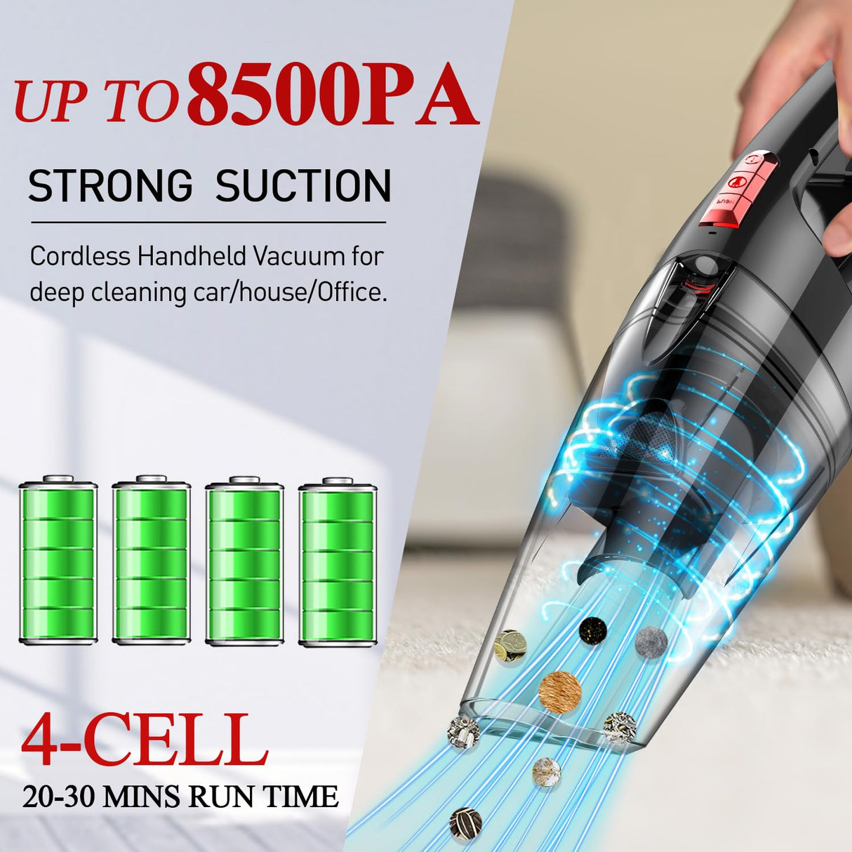 whall Handheld Vacuum Cordless, 8500PA Strong Suction Hand Vacuum, Wet Dry Hand Held Vacuum Cleaner with LED Light, Lightweight Mini Car Vacuum Cordless Rechargeable, Portable Vacuum whall