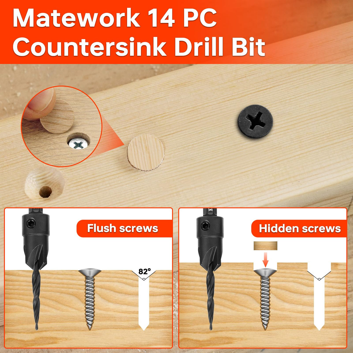 Matework Countersink Drill Bit Set, M2 Cobalt HSS Counter Sink Drill Bit for Wood, Adjustable Depth Drill Bit Set, 15PCS Wood Plug Cutter Drill Bit Set for Woodworking Matework