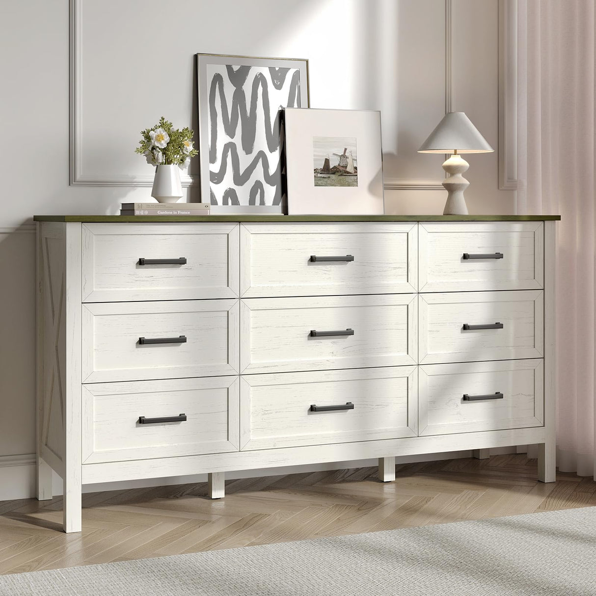 BAZELOR Farmhouse 9 Drawers Dresser for Bedroom, Modern Dresser with Metal Handle, Natural Texture, Wood Rustic Chest of Drawers for Bedroom,Living Room,Hallway and Entryway, Antique White BAZELOR