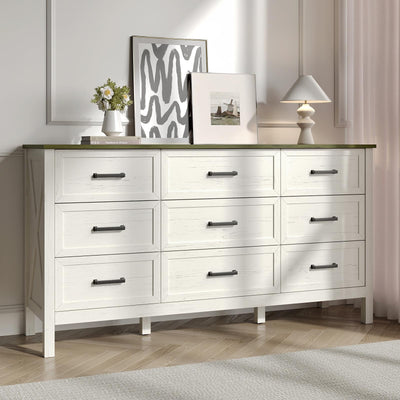 BAZELOR Farmhouse 9 Drawers Dresser for Bedroom, Modern Dresser with Metal Handle, Natural Texture, Wood Rustic Chest of Drawers for Bedroom,Living Room,Hallway and Entryway, Antique White