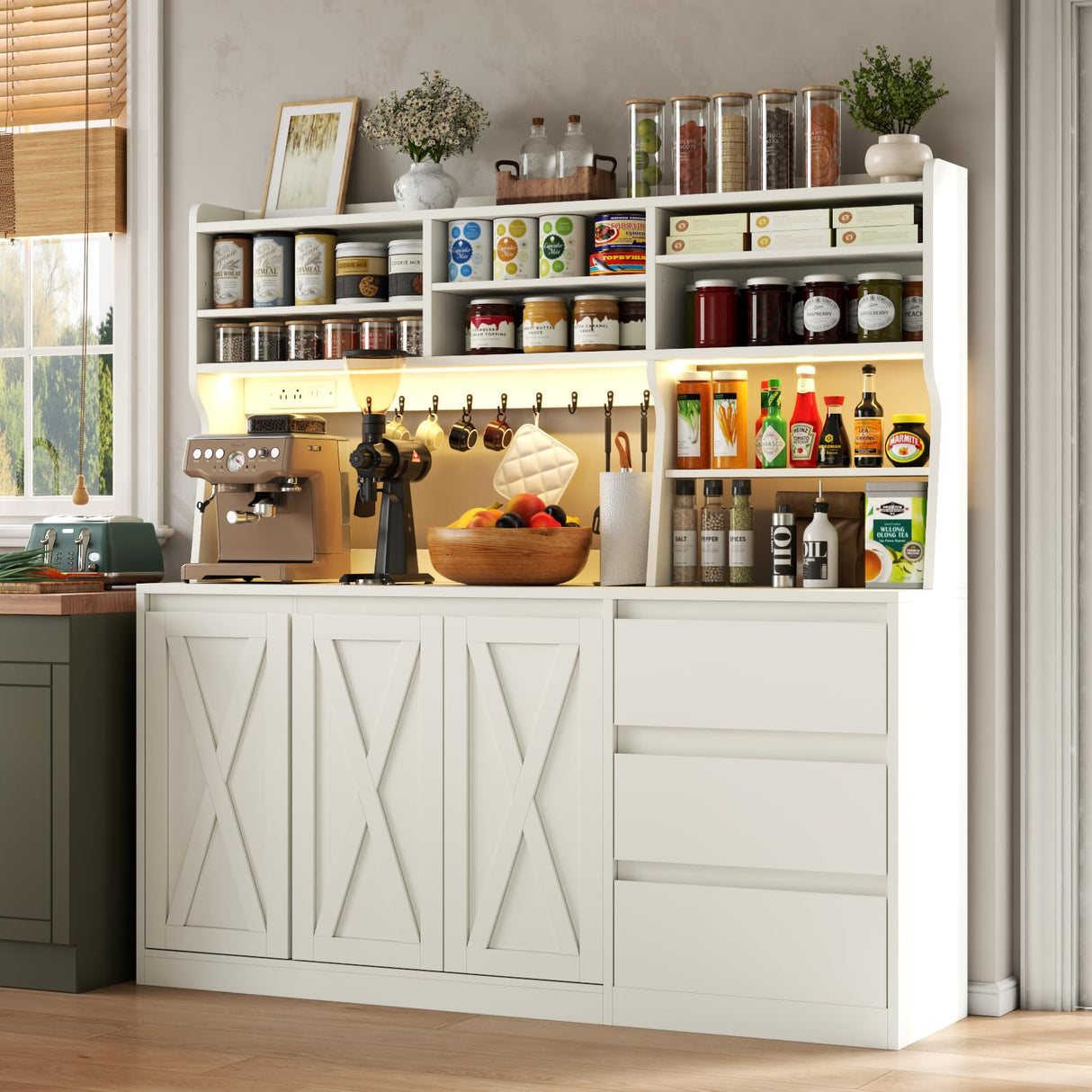 Gyfimoie Farmhouse Kitchen Pantry Cabinet with Power Outlet & LED Light, Large Coffee Bar Cupboard with Microwave Stand, 3 Doors & 3 Drawers, 7 Cup Holders & 8 Open Cubbies, Adjusted Shelves (White) Gyfimoie
