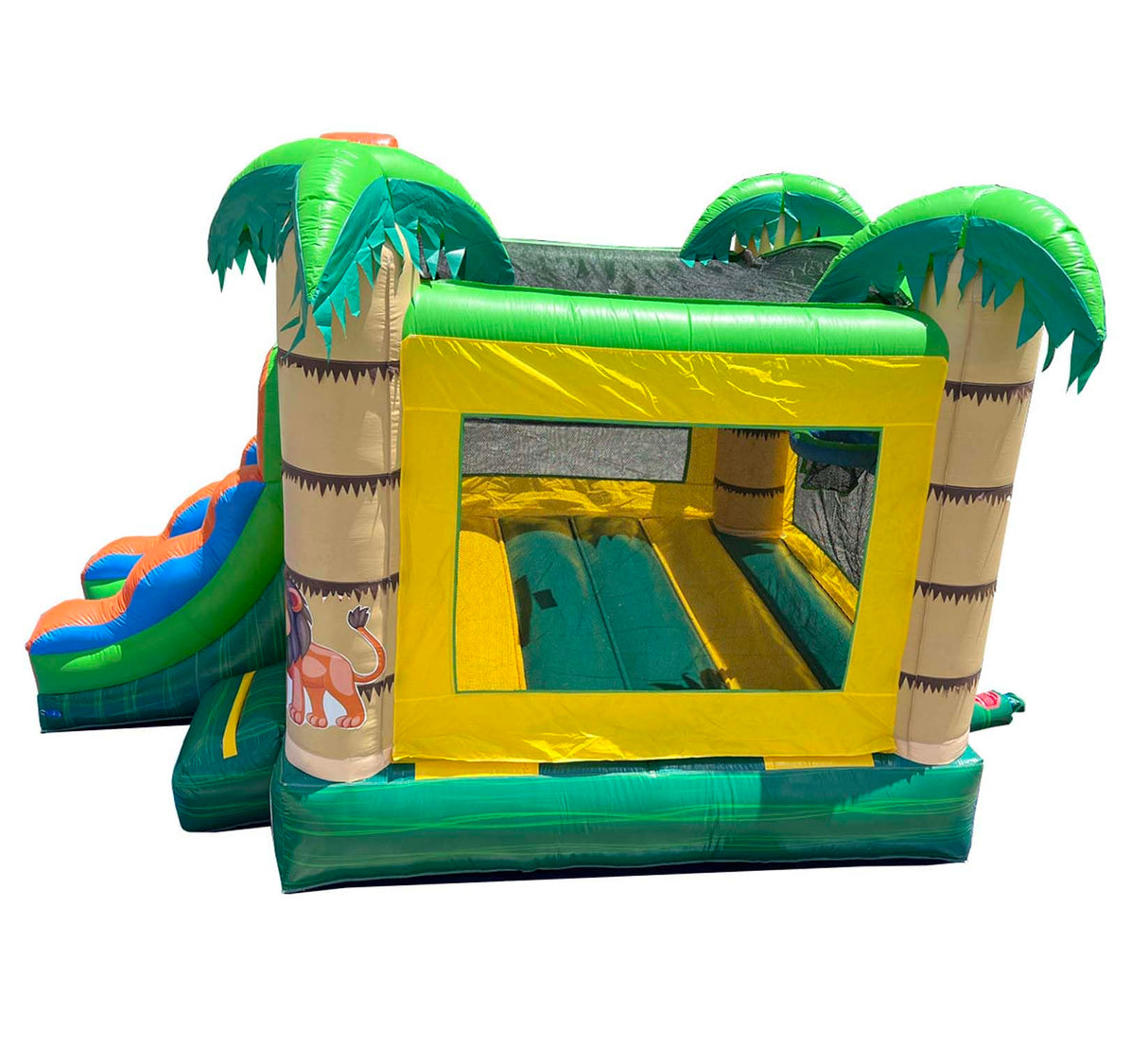 Inflatable Bounce House with Slide for Kids (Without Blower) - 18 x 12 x 14.5 Foot Tropical Smiley Face Backyard Inflatable Bouncy House - Built-in Bladder Water Misting System Pogo Bounce House
