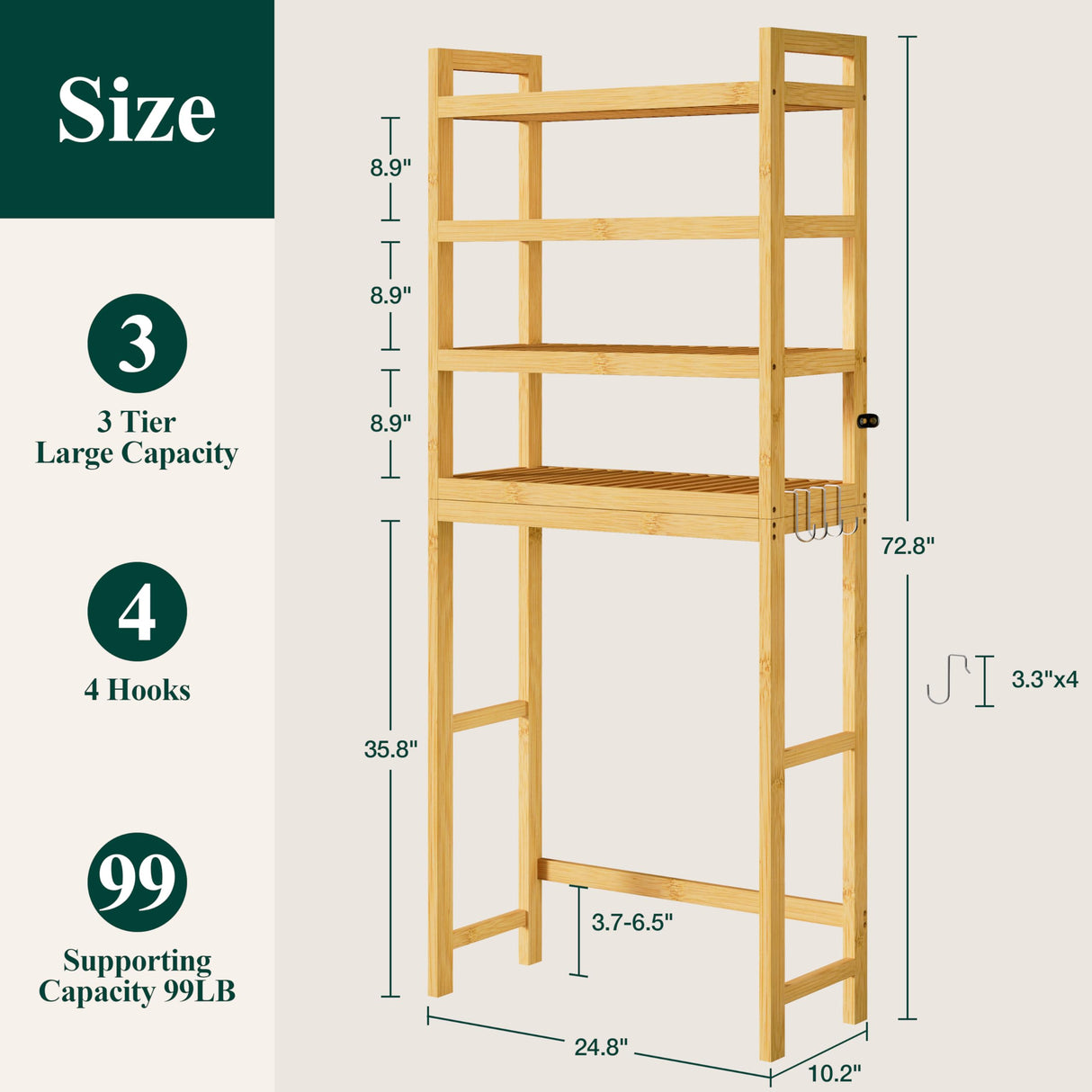 Smiry Over The Toilet Storage, Bamboo 3-Tier Over Toilet Bathroom Organizer, Adjustable Bathroom Shelf, Space Saving, Stable Freestanding Storage Cabinet with 4 Hooks, Natural Smiry